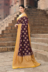 Wine - Mustard Pure Khaddi Banarasi Handloom Saree with blouse